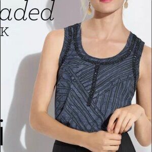 CABI | Blue Black Abstract Printed Beaded Trim Accent Sleeveless Blouse Top